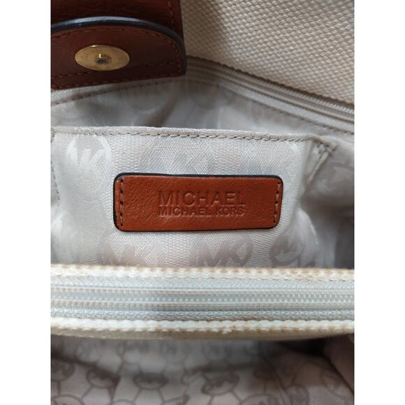 Michael Kors Hamilton Ivory Canvas Leather Trim Red Stripe Satchel Shoulder Bag - Picture 11 of 14